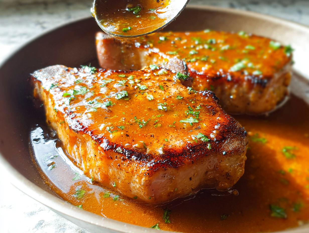 Close-up of two perfectly cooked pork chops bathed in a rich, glossy sauce and sprinkled with fresh herbs.