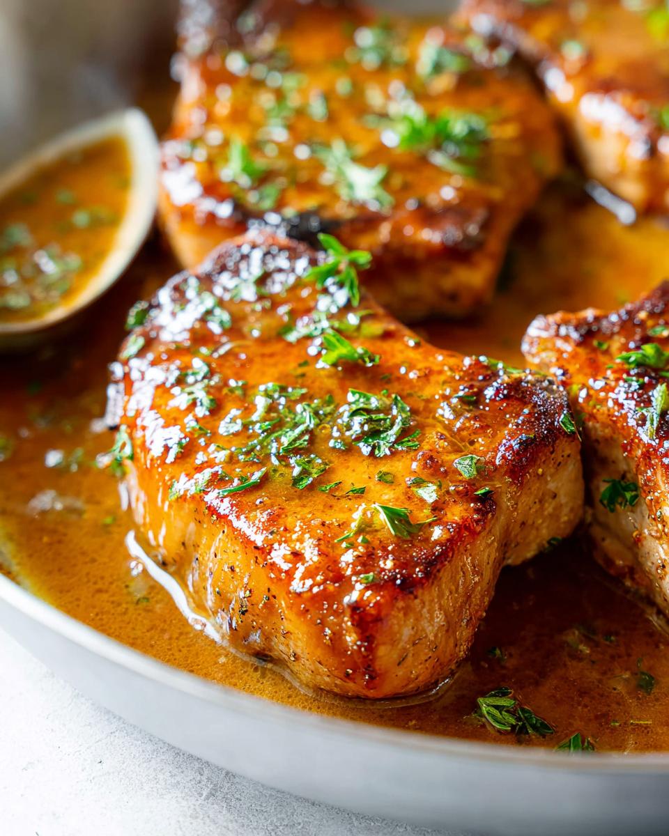 Close-up of tender, pan-seared pork chops coated in a rich, glossy sauce and garnished with fresh parsley.