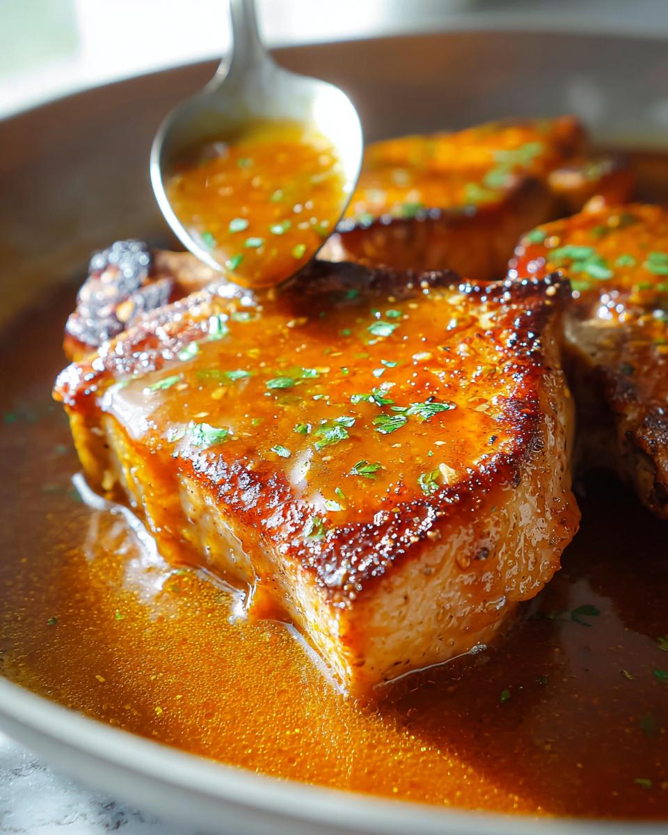 A close-up of a juicy pork chop being spooned with a rich, savory sauce, garnished with parsley.