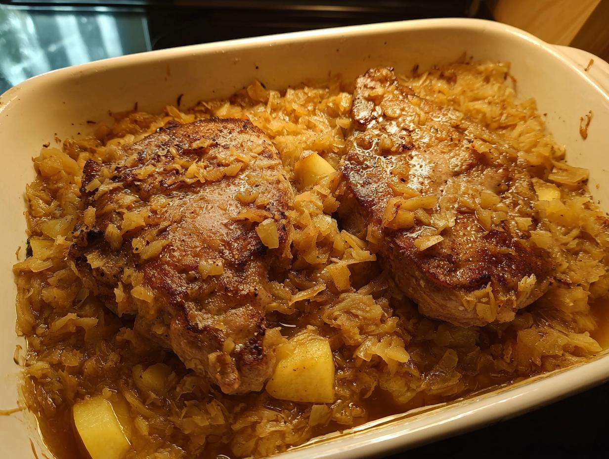 Two juicy pork chops baked in a casserole dish with sauerkraut and potatoes, a quick weeknight meal.