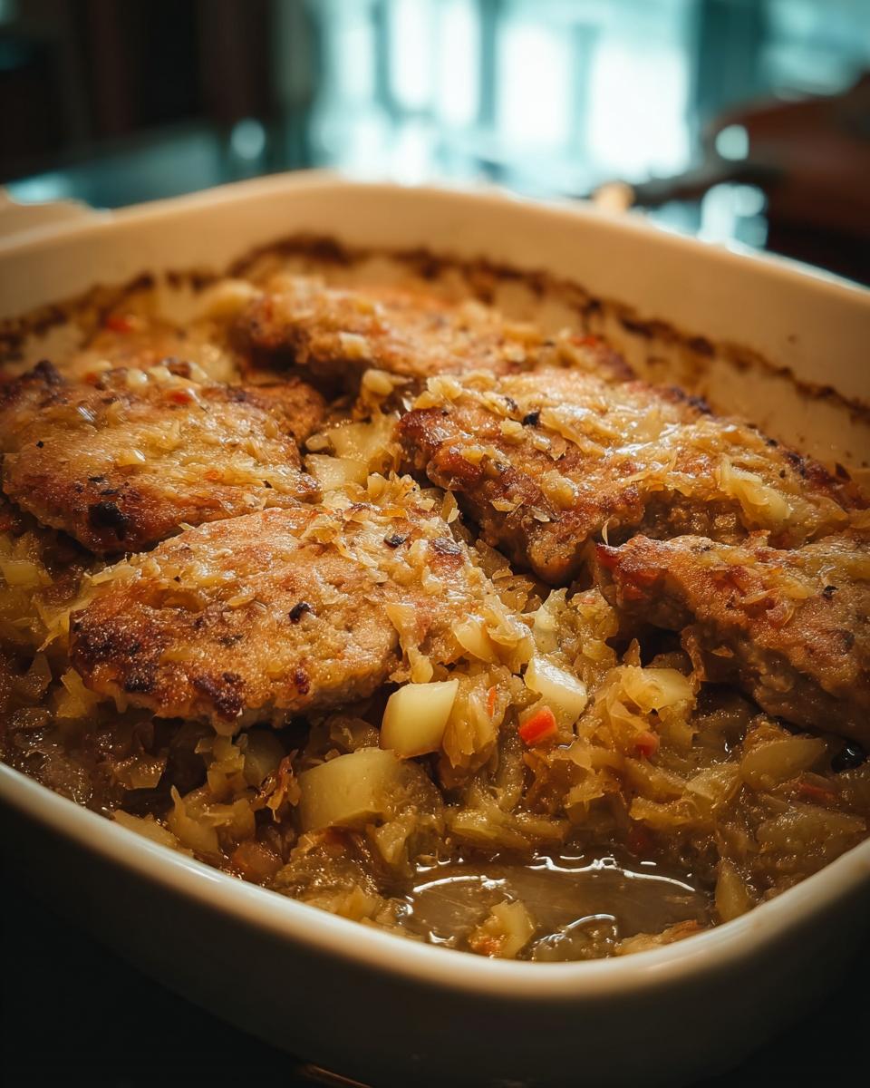 Close-up of tender pork chops baked with sauerkraut and potatoes, a quick weeknight meal.