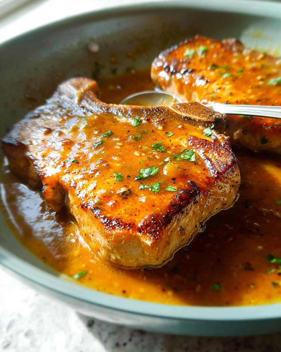 Close-up of two pan-seared pork chops in a rich, glossy sauce, garnished with fresh parsley.