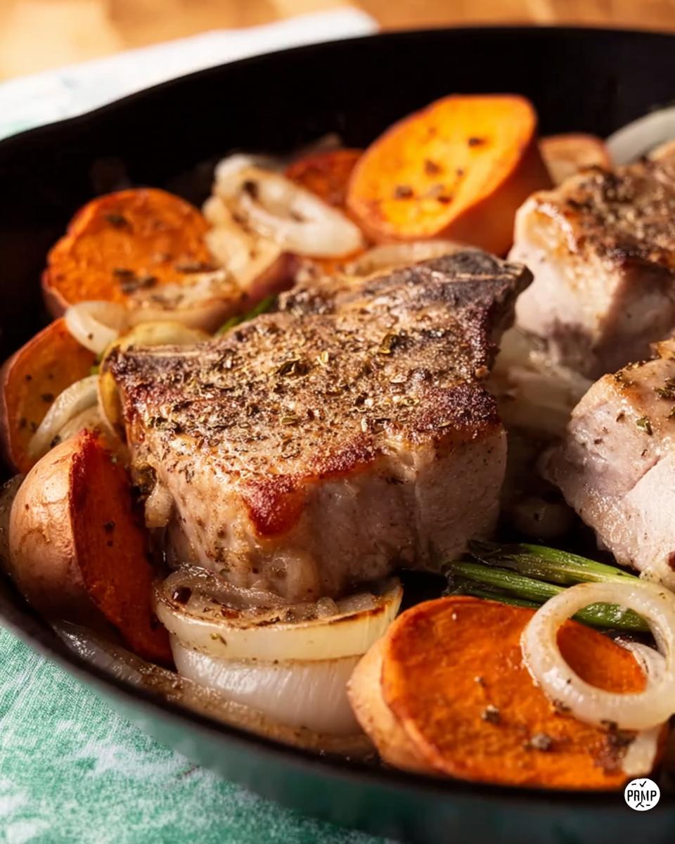 Close-up of juicy pork chops baked with sweet potato slices and onion wedges in a cast-iron skillet.
