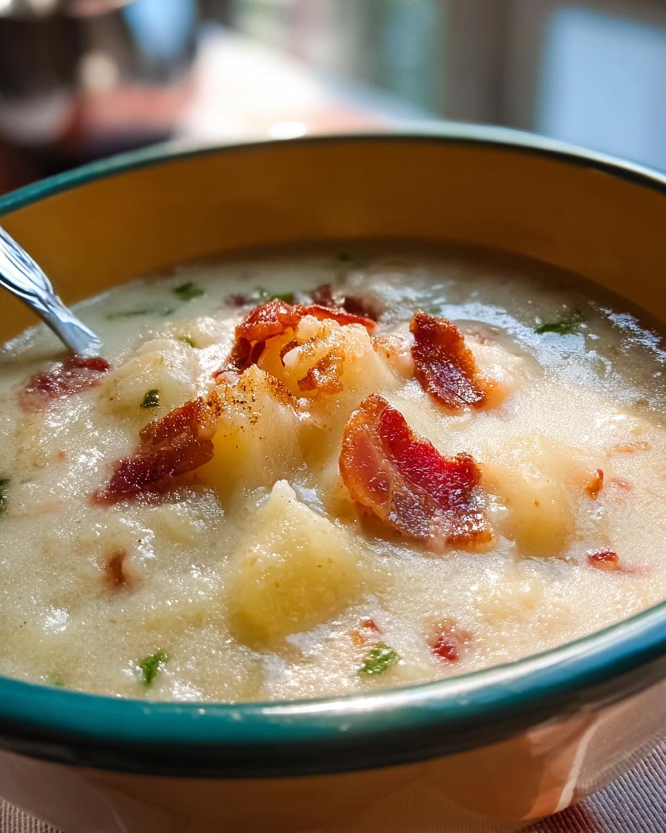 A close-up of a bowl of creamy potato soup topped with crispy bacon and fresh herbs. Part of our 12-Ingredient Soup Recipes.
