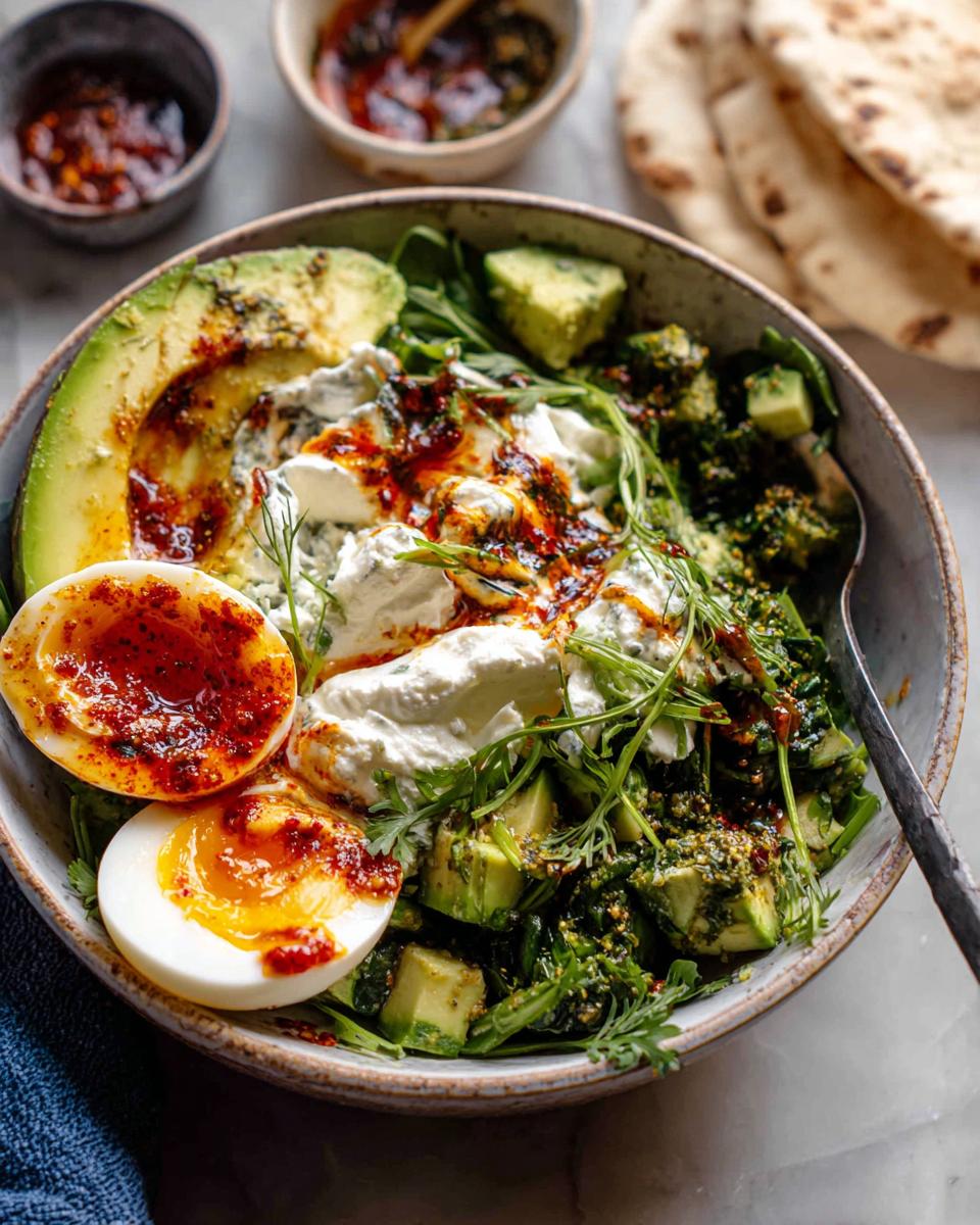 A vibrant and healthy breakfast bowl with avocado, soft-boiled egg, greens, and creamy cheese, perfect for healthy meals.