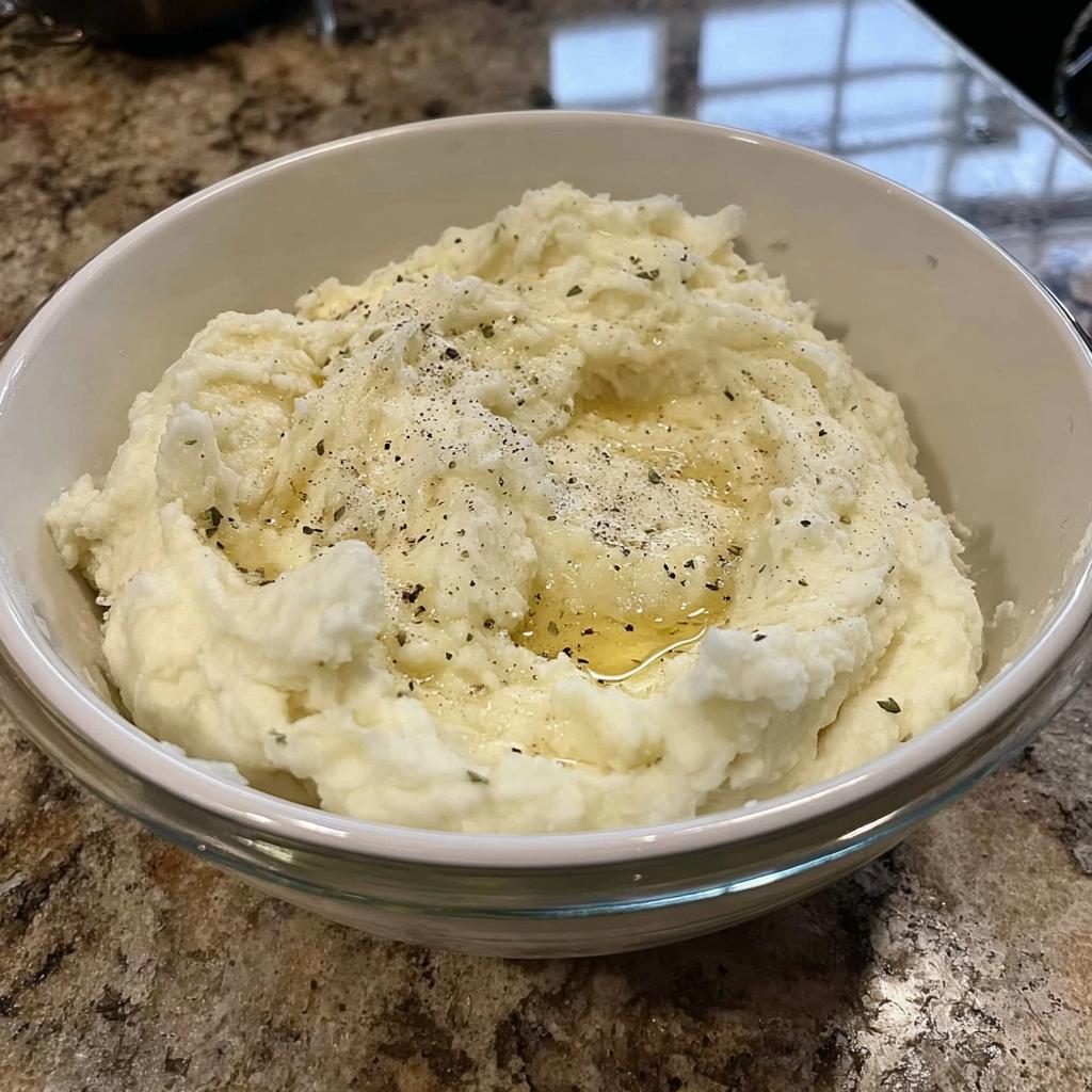 A bowl of creamy mashed potatoes, seasoned with pepper and herbs, with melted butter on top.