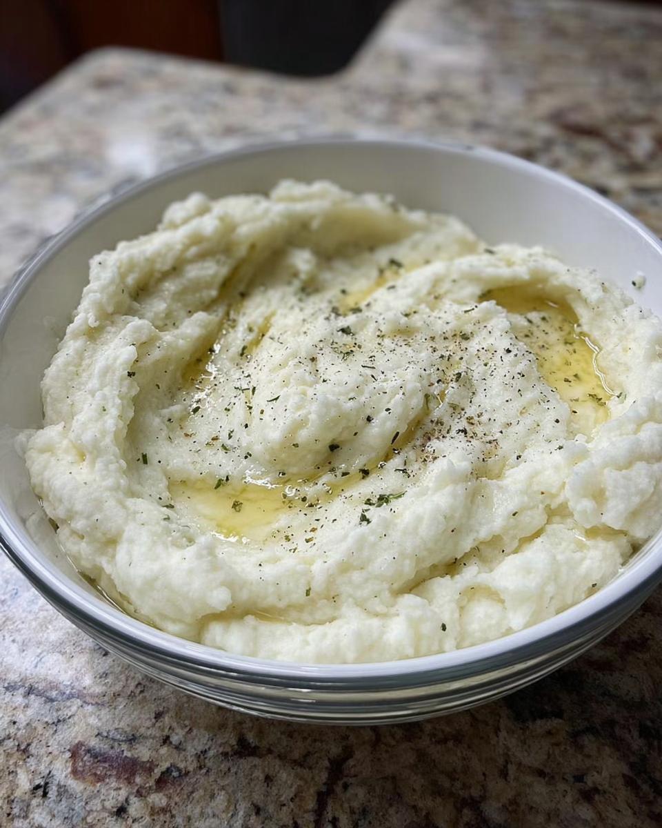 A bowl of creamy mashed potatoes, drizzled with butter and sprinkled with herbs and pepper.