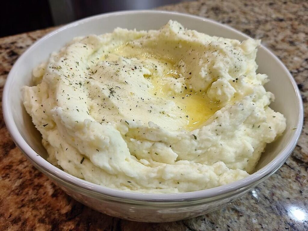 A bowl of creamy mashed potatoes with melted butter and herbs, perfect for a pro mashed potatoes recipe.