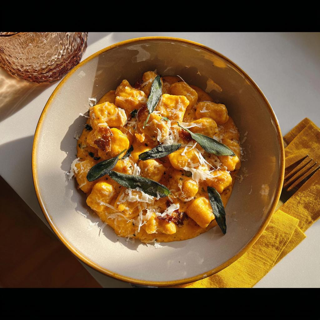 A bowl of creamy pumpkin gnocchi pasta, topped with fresh sage leaves and grated Parmesan cheese.