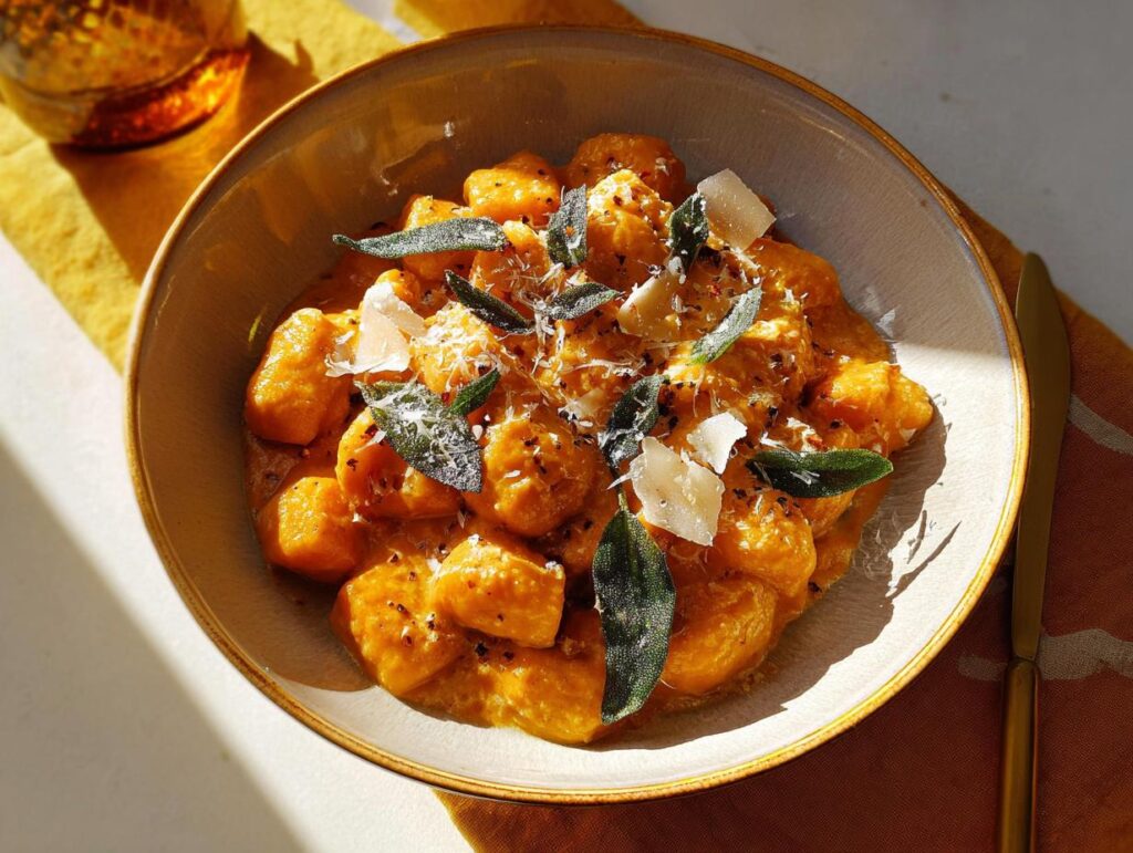 A close-up of pumpkin gnocchi pasta in a creamy sauce, topped with sage and parmesan cheese.