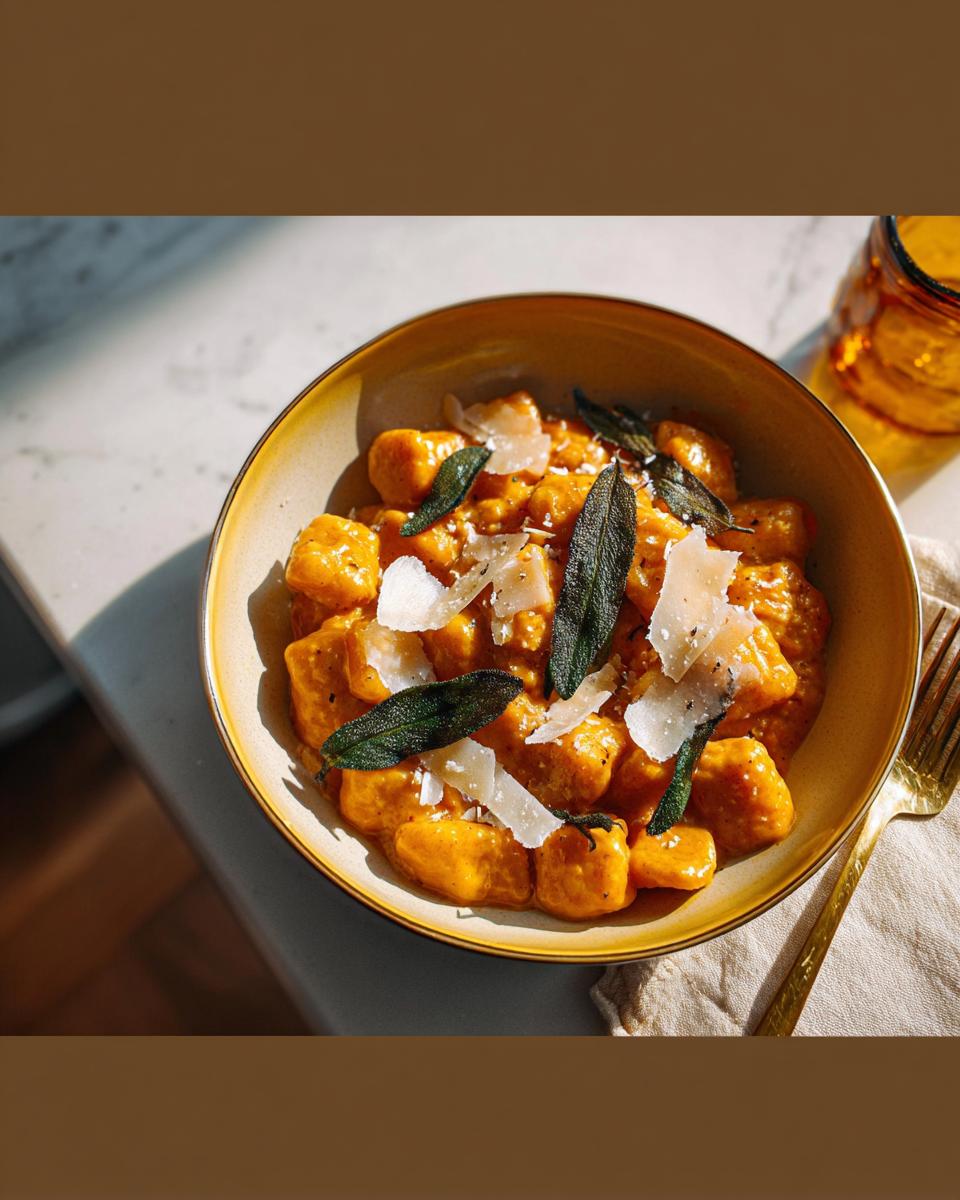 A bowl of pumpkin gnocchi pasta with sage and parmesan cheese, a popular pasta recipe.