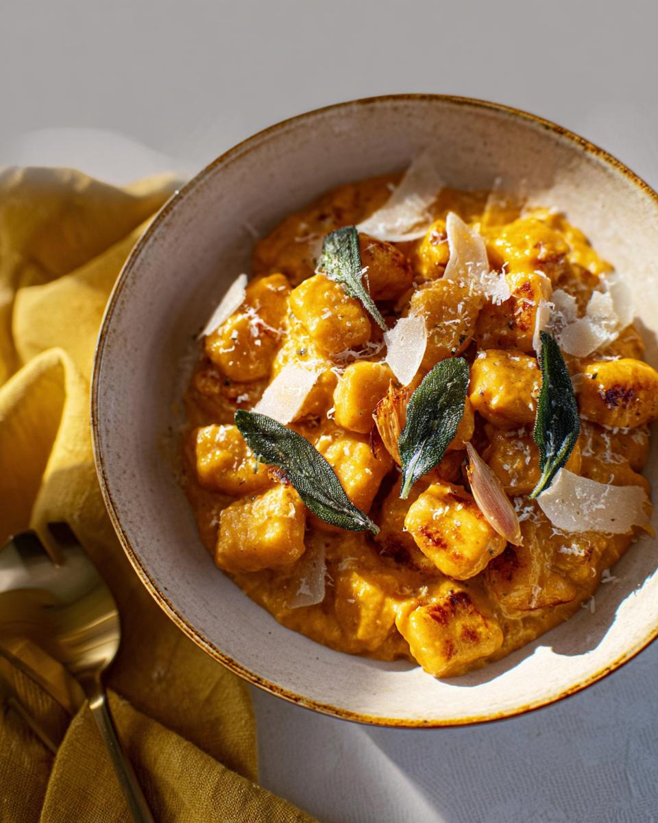 A bowl of pumpkin gnocchi pasta with sage, parmesan, and a creamy sauce, perfect for a make-ahead pasta recipe.