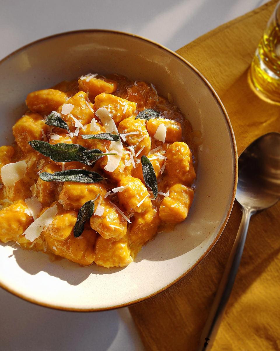 A close-up of a bowl of pumpkin gnocchi pasta, topped with sage and Parmesan cheese.