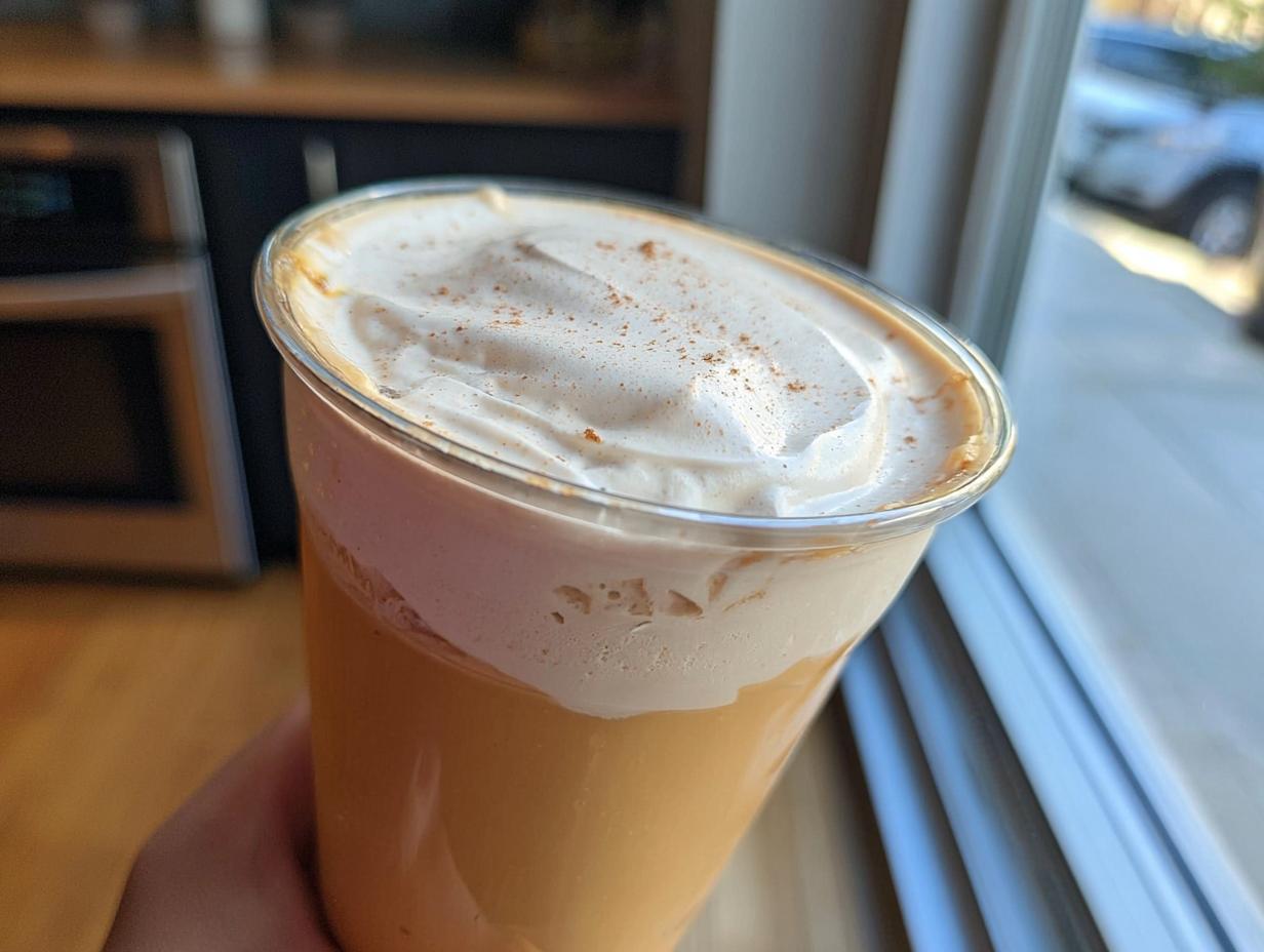 A close-up of a homemade pumpkin spice latte with whipped cream and cinnamon, a Starbucks drink recipe.