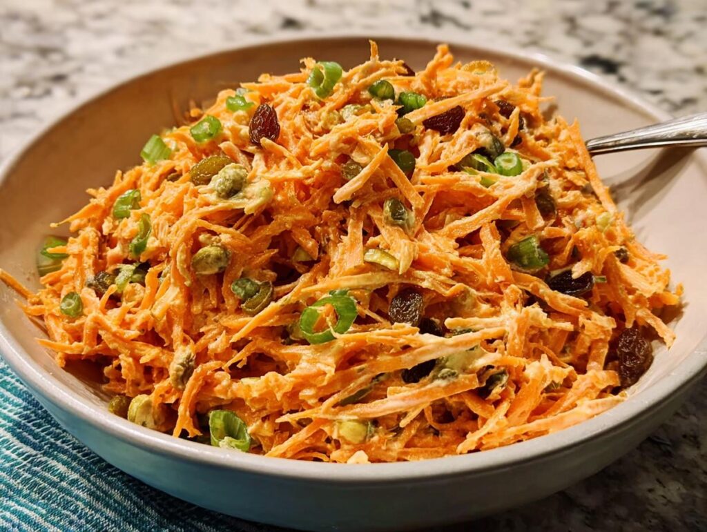 A bowl of shredded carrot salad with raisins, green onions, and a creamy dressing, perfect for quick veggie sides recipes.