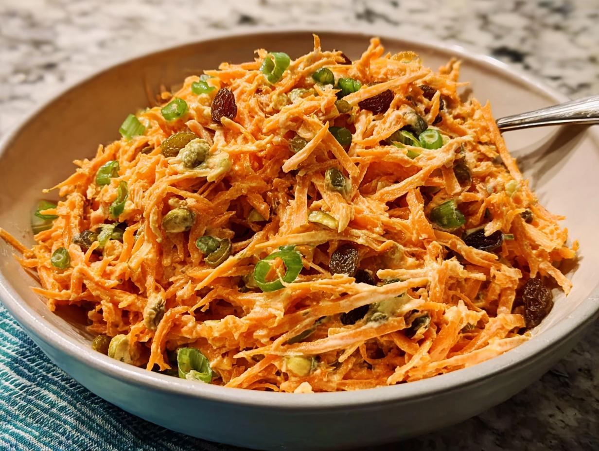 A bowl of shredded carrot salad with raisins, green onions, and a creamy dressing, perfect for quick veggie sides recipes.