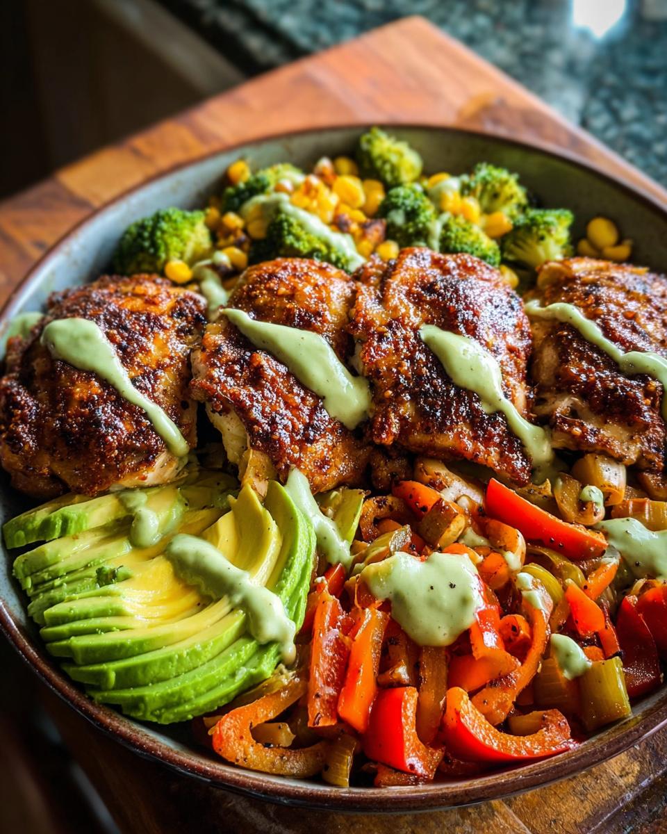 A colorful bowl featuring chicken thighs, avocado slices, sautéed peppers, broccoli, and corn, drizzled with a green sauce. A perfect example of chicken recipes in 20 minutes.