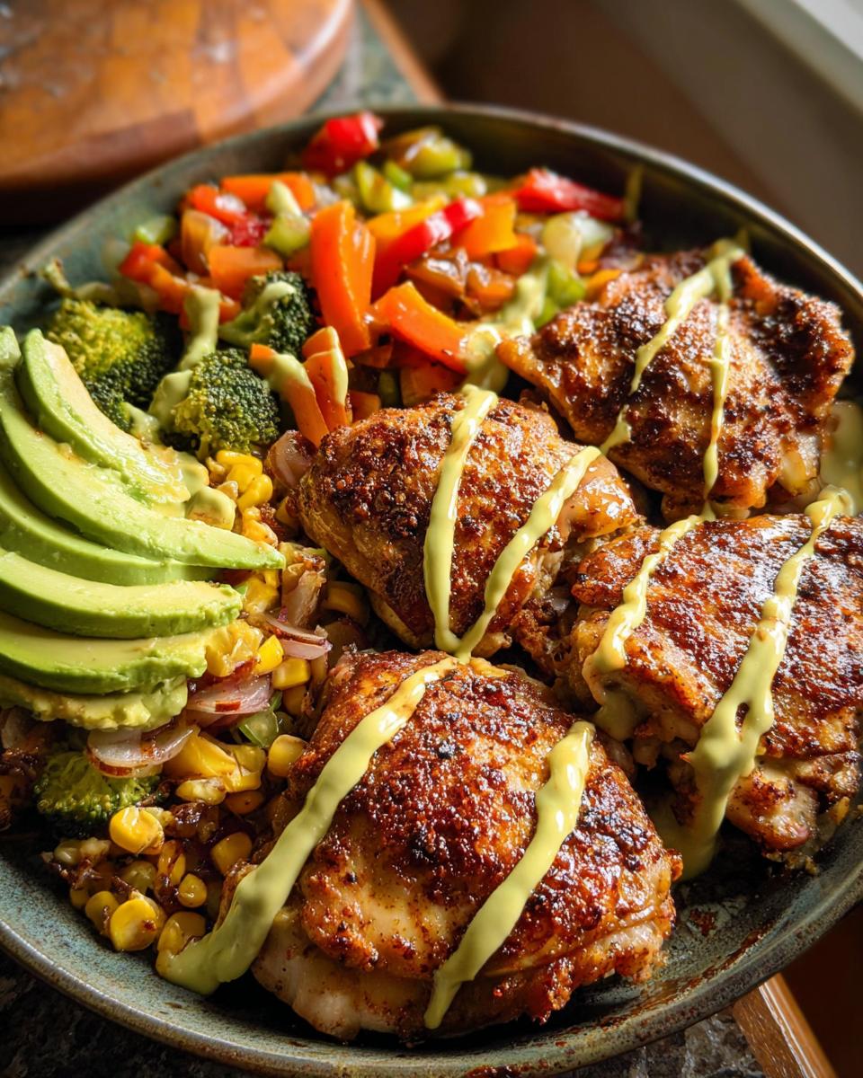 A delicious and quick chicken recipe featuring roasted chicken thighs served with corn, broccoli, bell peppers, and avocado, drizzled with a creamy sauce.