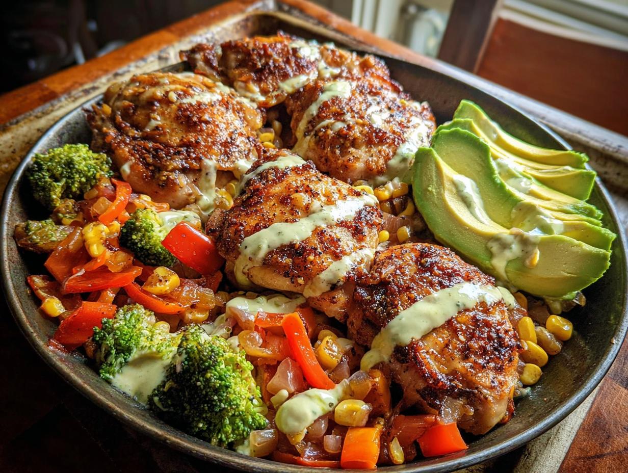 A vibrant bowl of quick chicken recipe featuring pan-seared chicken thighs, roasted vegetables, corn, and sliced avocado, drizzled with a creamy sauce.