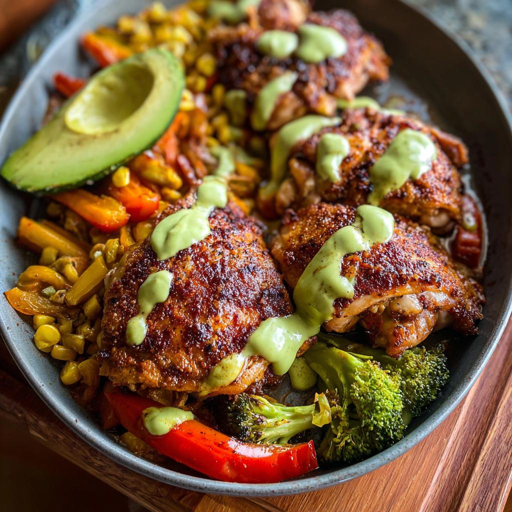 Delicious 20-minute chicken recipe with roasted vegetables and a creamy green sauce.