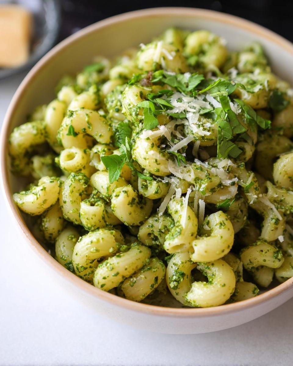 Close-up of a bowl of pasta with vibrant green pesto sauce, topped with fresh parsley and grated Parmesan cheese. A quick pasta recipe.