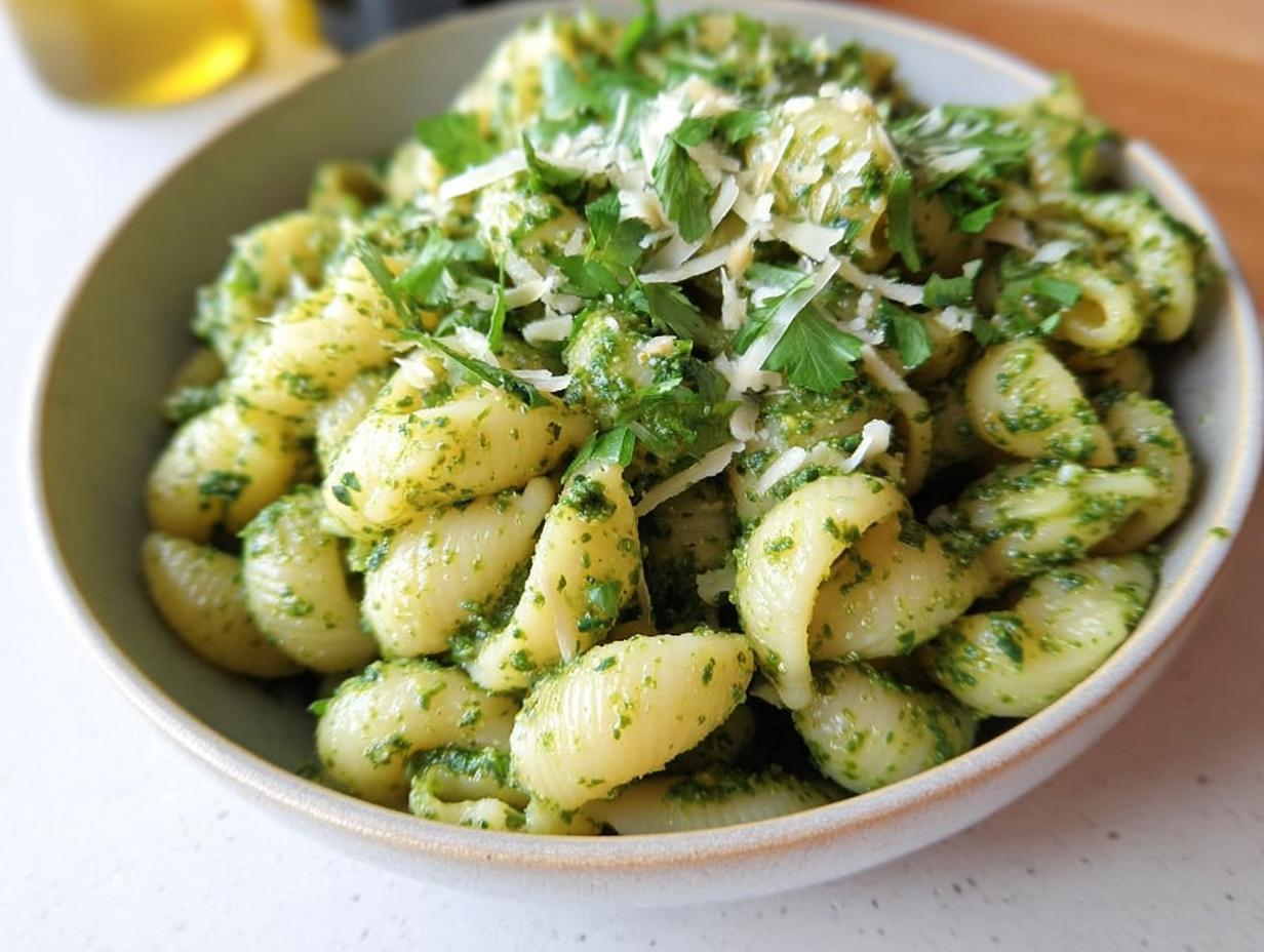 A bowl of shell pasta coated in vibrant green pesto, topped with fresh parsley and grated Parmesan cheese. Perfect for quick pasta recipes.