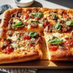 A delicious rectangular pizza with cherry tomatoes, cheese, and basil, perfect for quick pizza night recipes.