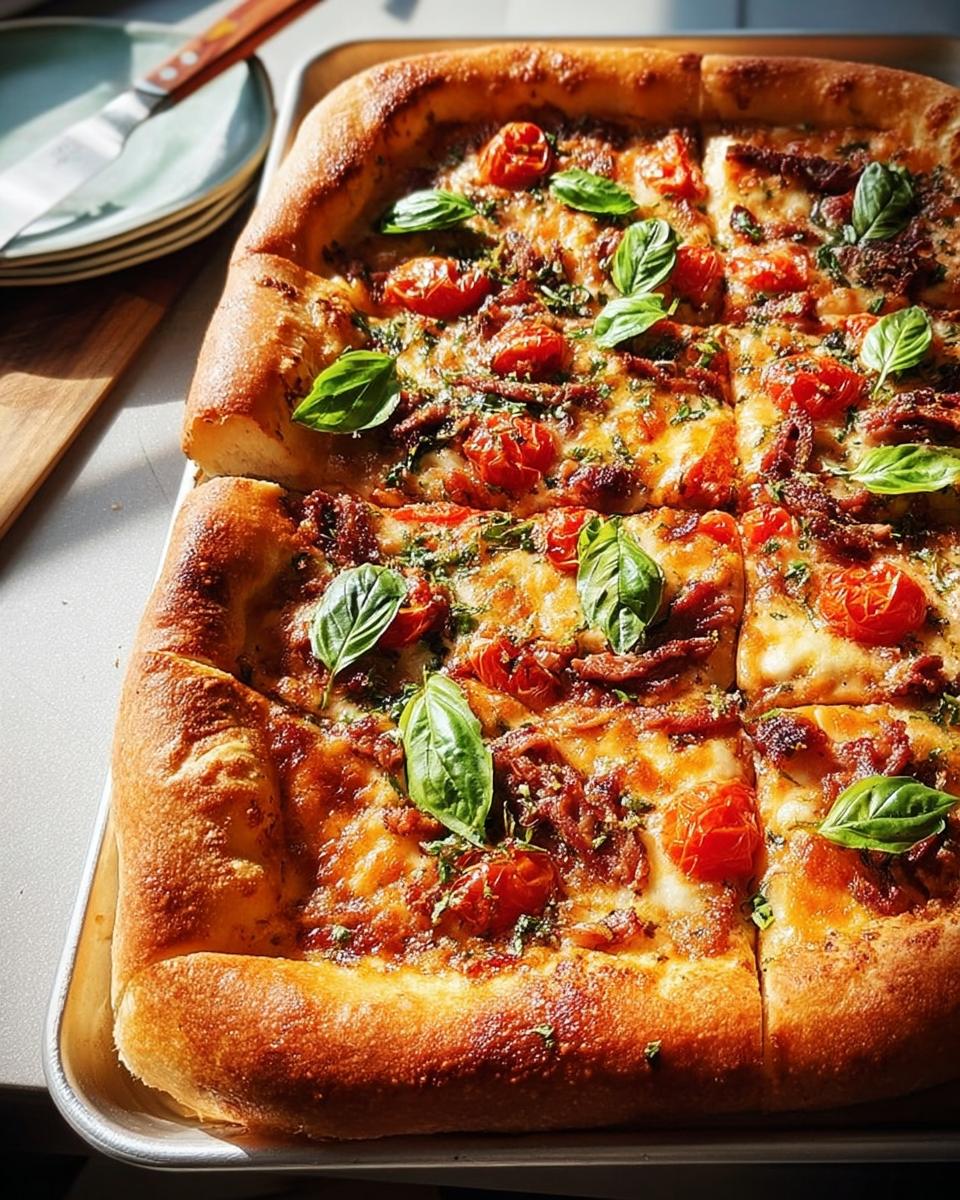 A freshly baked rectangular pizza with cherry tomatoes, melted cheese, and basil, perfect for Pizza Night Recipes in 10 Minutes.
