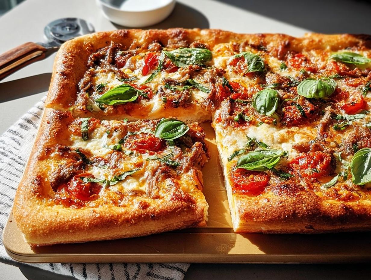 A delicious rectangular pizza with cherry tomatoes, cheese, and basil, perfect for quick pizza night recipes.