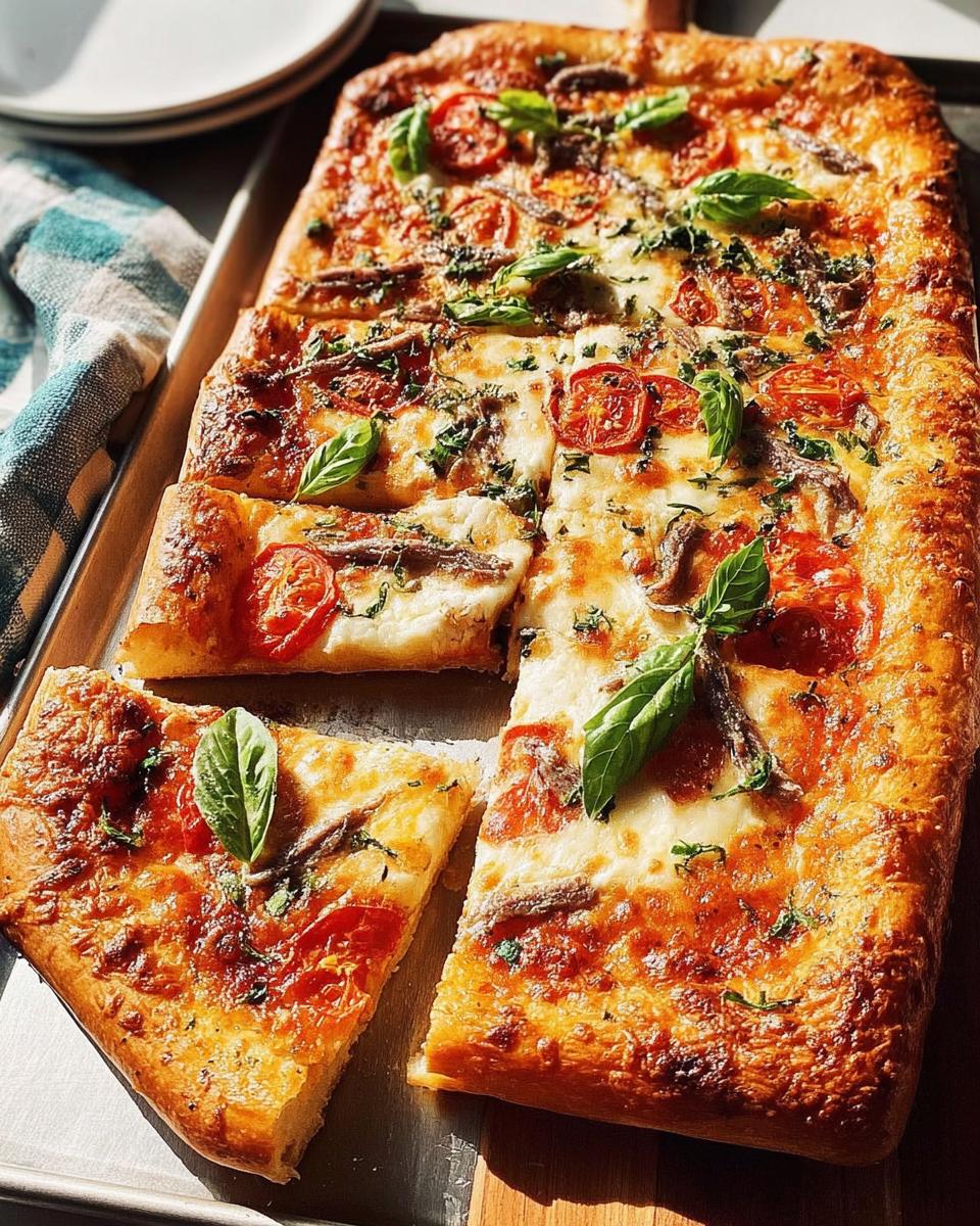 A close-up of a rectangular pizza with melted cheese, cherry tomatoes, anchovies, and fresh basil, perfect for Pizza Night Recipes in 10 Minutes.