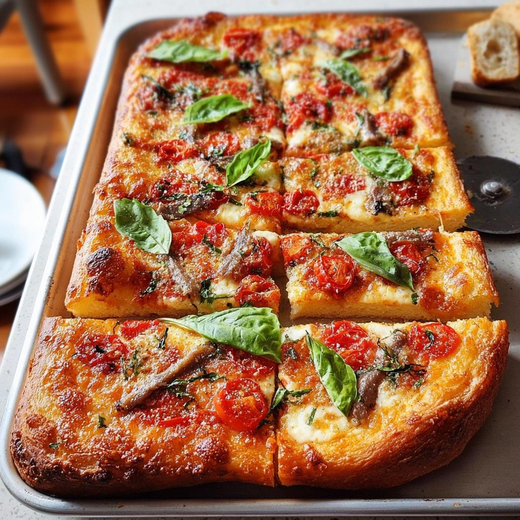 A rectangular pizza cut into squares, topped with cherry tomatoes, anchovies, mozzarella, and basil, perfect for Pizza Night Recipes in 10 Minutes.