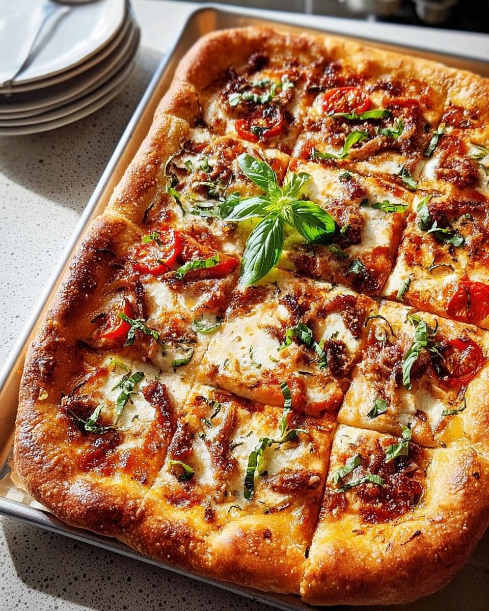 A golden-brown sheet pan pizza, sliced and topped with melted cheese, tomatoes, and fresh basil, perfect for quick pizza night recipes.