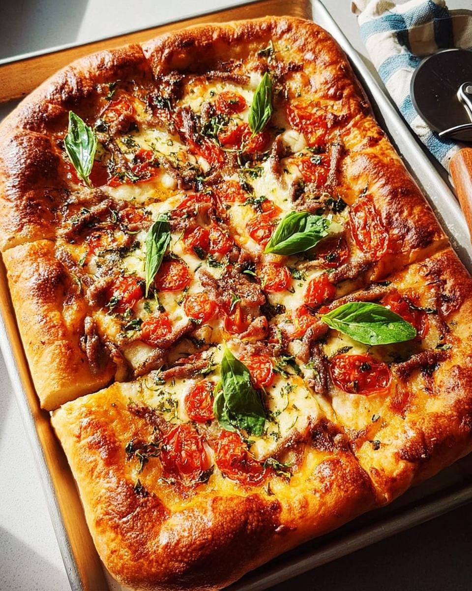 A delicious rectangular pizza for Pizza Night Recipes in 10 Minutes, topped with cherry tomatoes, mozzarella, and fresh basil.