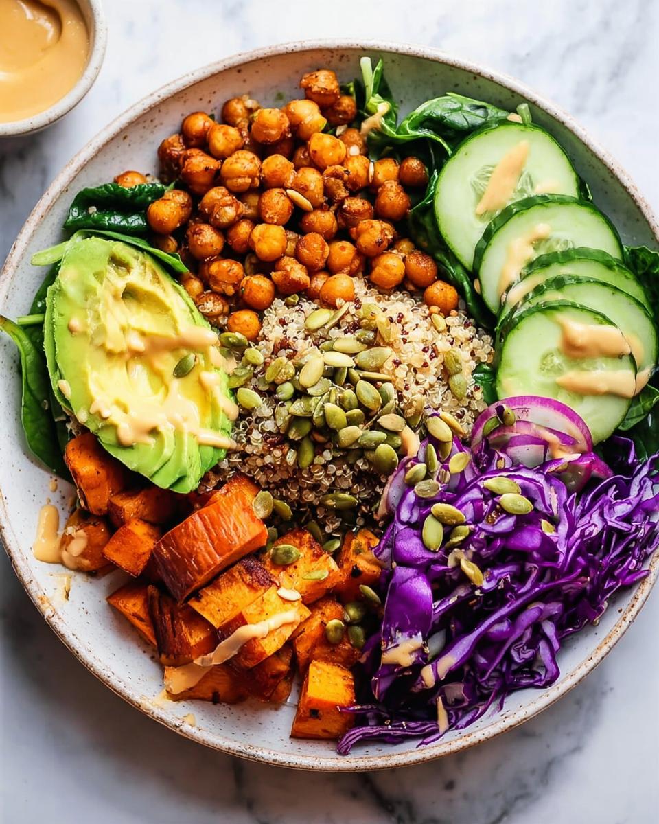 A vibrant rice bowl recipe featuring roasted chickpeas, quinoa, avocado, sweet potatoes, cucumber, and red cabbage, drizzled with a creamy dressing.