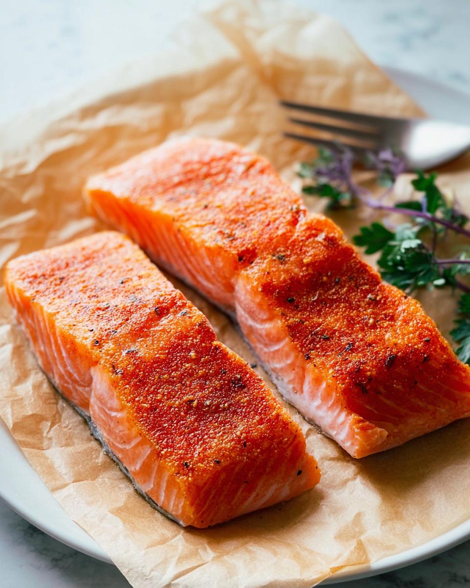 Two seasoned salmon fillets ready for cooking, perfect for quick salmon recipes.