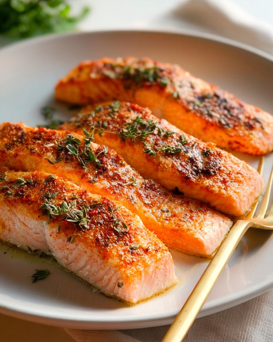 Three perfectly cooked salmon fillets seasoned with herbs, ready to be served as part of quick salmon recipes.