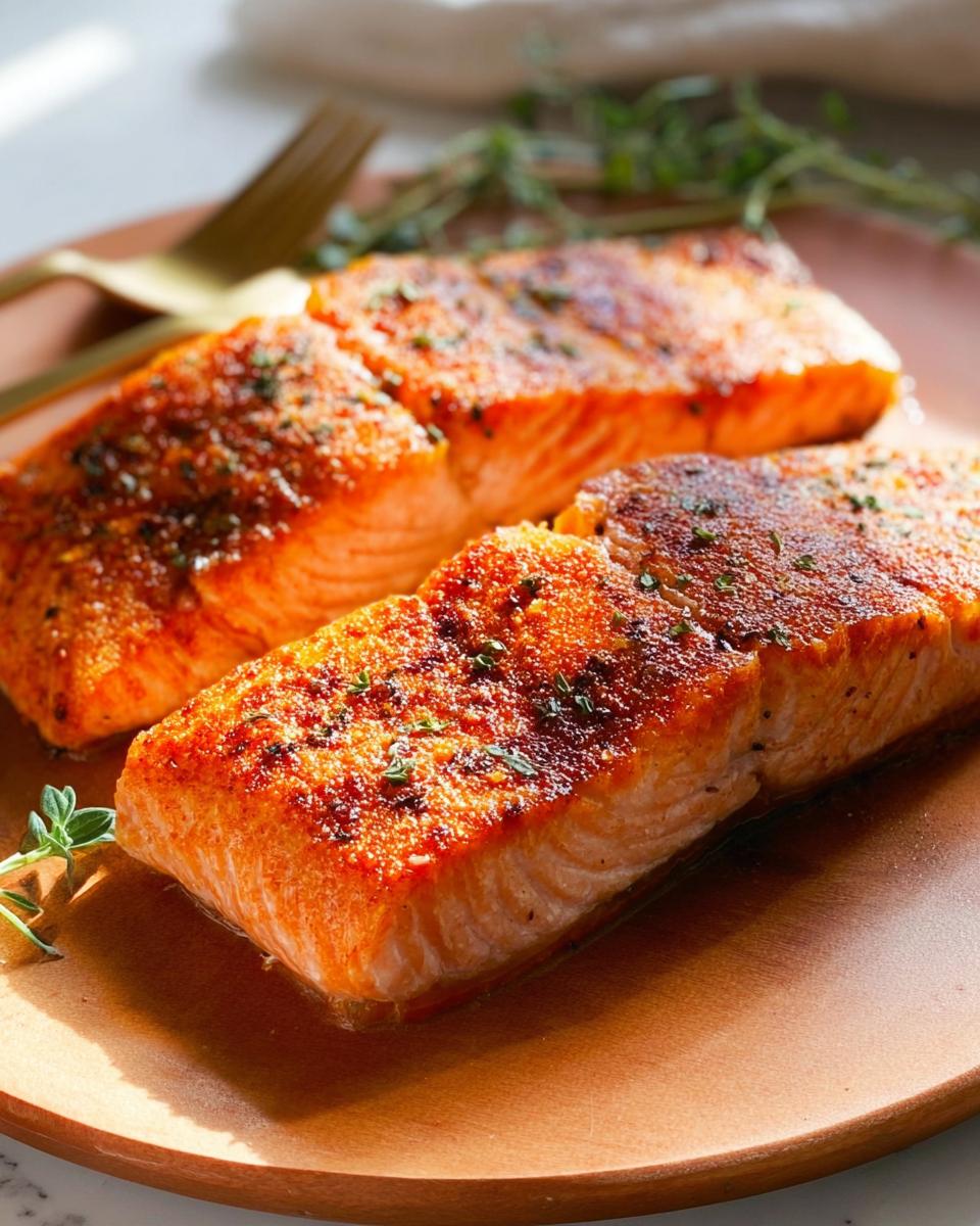 Three perfectly cooked salmon fillets with a crispy crust, seasoned with herbs, served on a wooden plate.