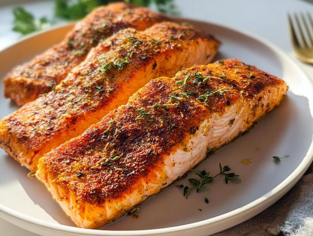 Three perfectly cooked salmon fillets with a crispy, seasoned crust, garnished with fresh herbs.