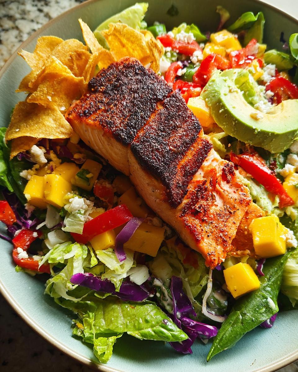 A vibrant salad topped with a perfectly cooked salmon fillet, featuring mango, avocado, and crispy tortilla chips.