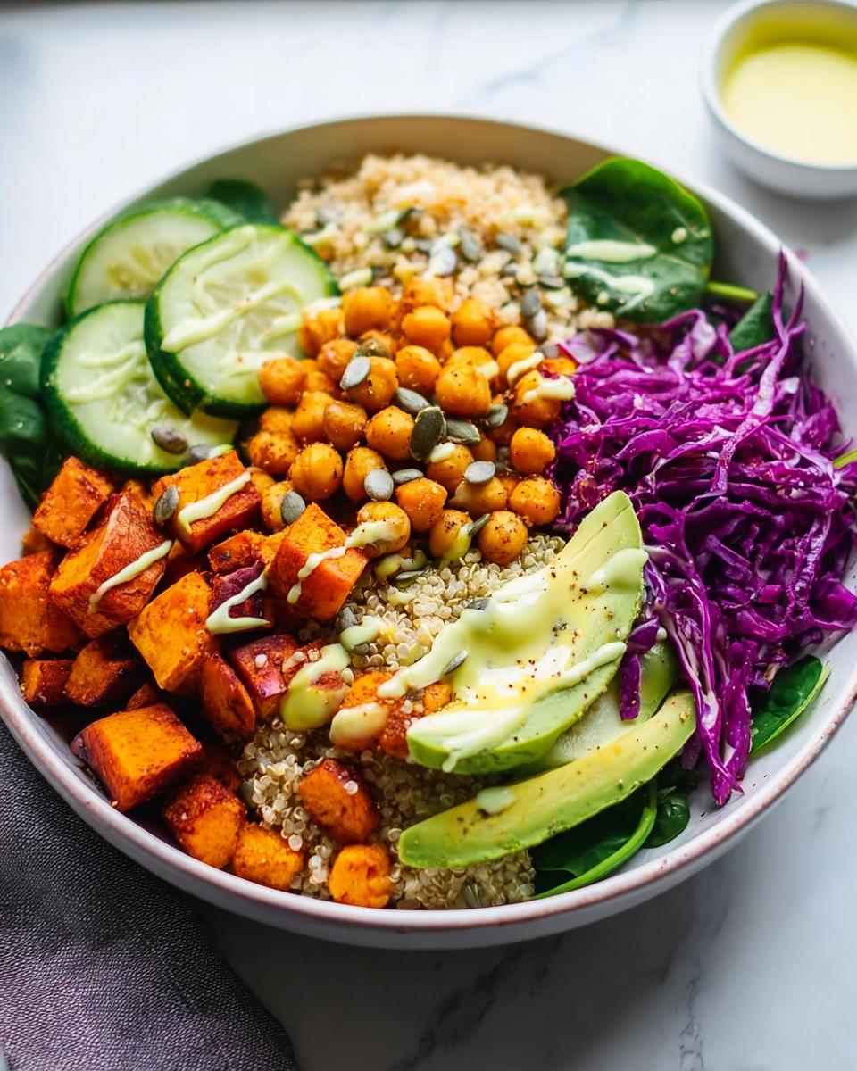 A vibrant and healthy quinoa rice bowl with roasted sweet potatoes, chickpeas, avocado, cucumber, and red cabbage.
