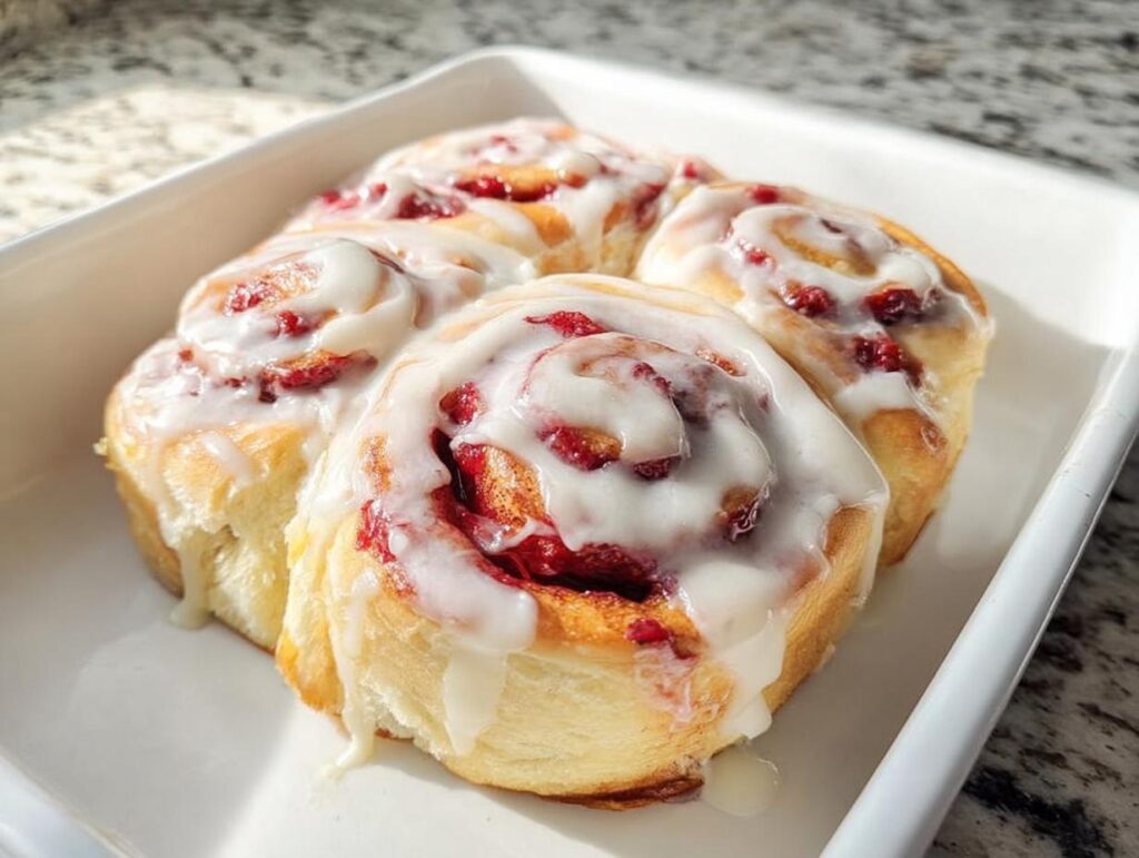 Close-up of fluffy raspberry breakfast rolls drizzled with white icing in a white baking dish.