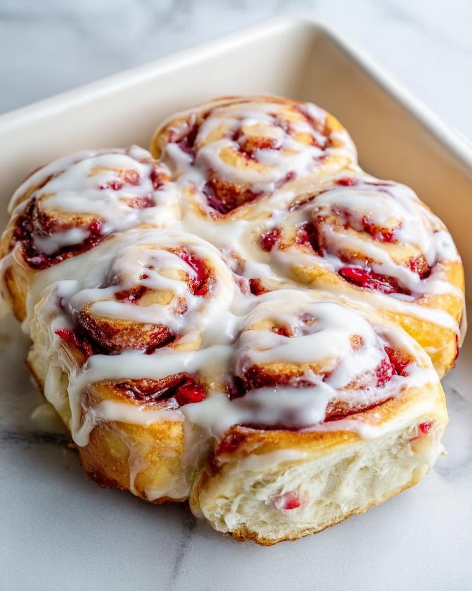 Close-up of freshly baked raspberry swirl buns drizzled with white icing, perfect for breakfast ideas recipes.