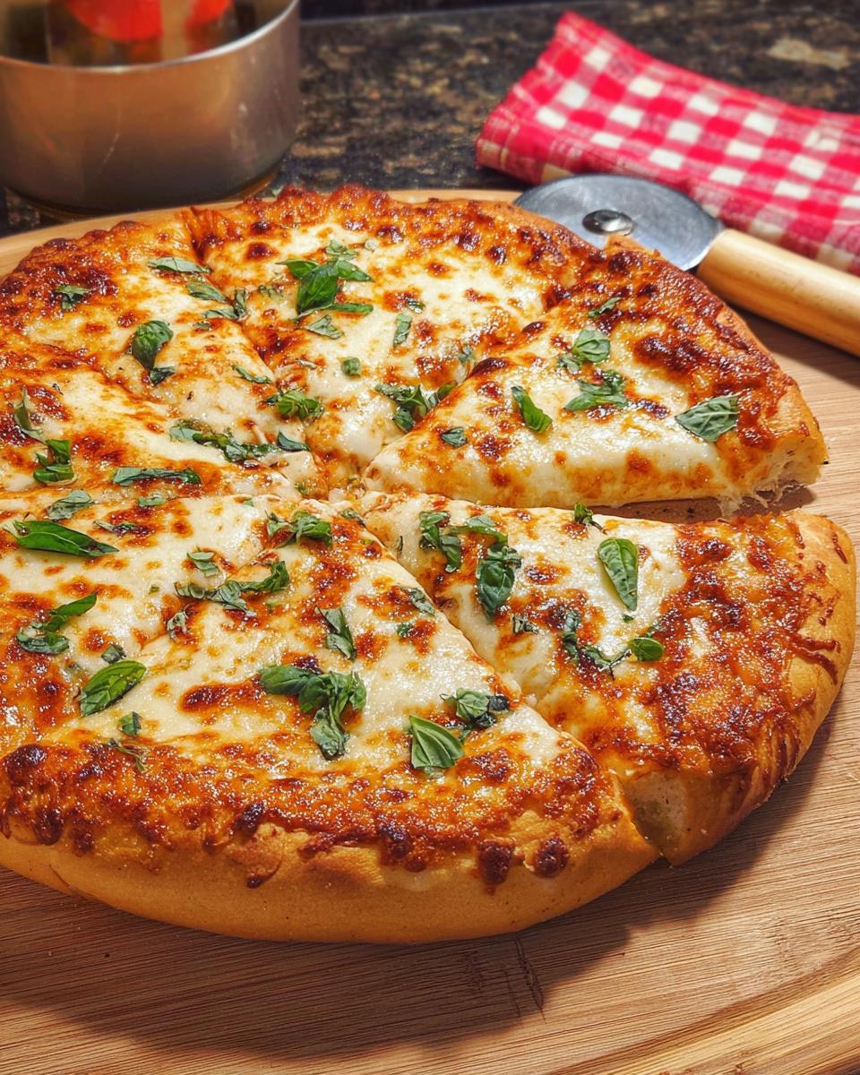 A freshly baked Margherita pizza, sliced and ready to serve, with melted mozzarella and fresh basil, perfect for restaurant-style pizza night recipes at home.