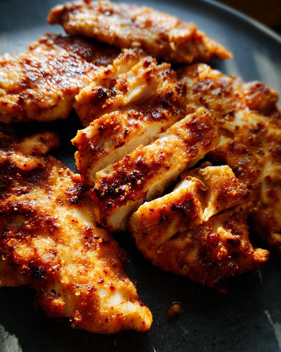 Close-up of perfectly cooked restaurant-style air fryer chicken breasts, seasoned and sliced.