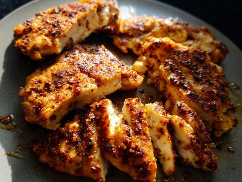 Close-up of juicy, seasoned restaurant-style air fryer chicken pieces, some sliced, on a gray plate.