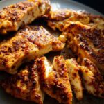 Close-up of juicy, seasoned restaurant-style air fryer chicken pieces, some sliced, on a gray plate.