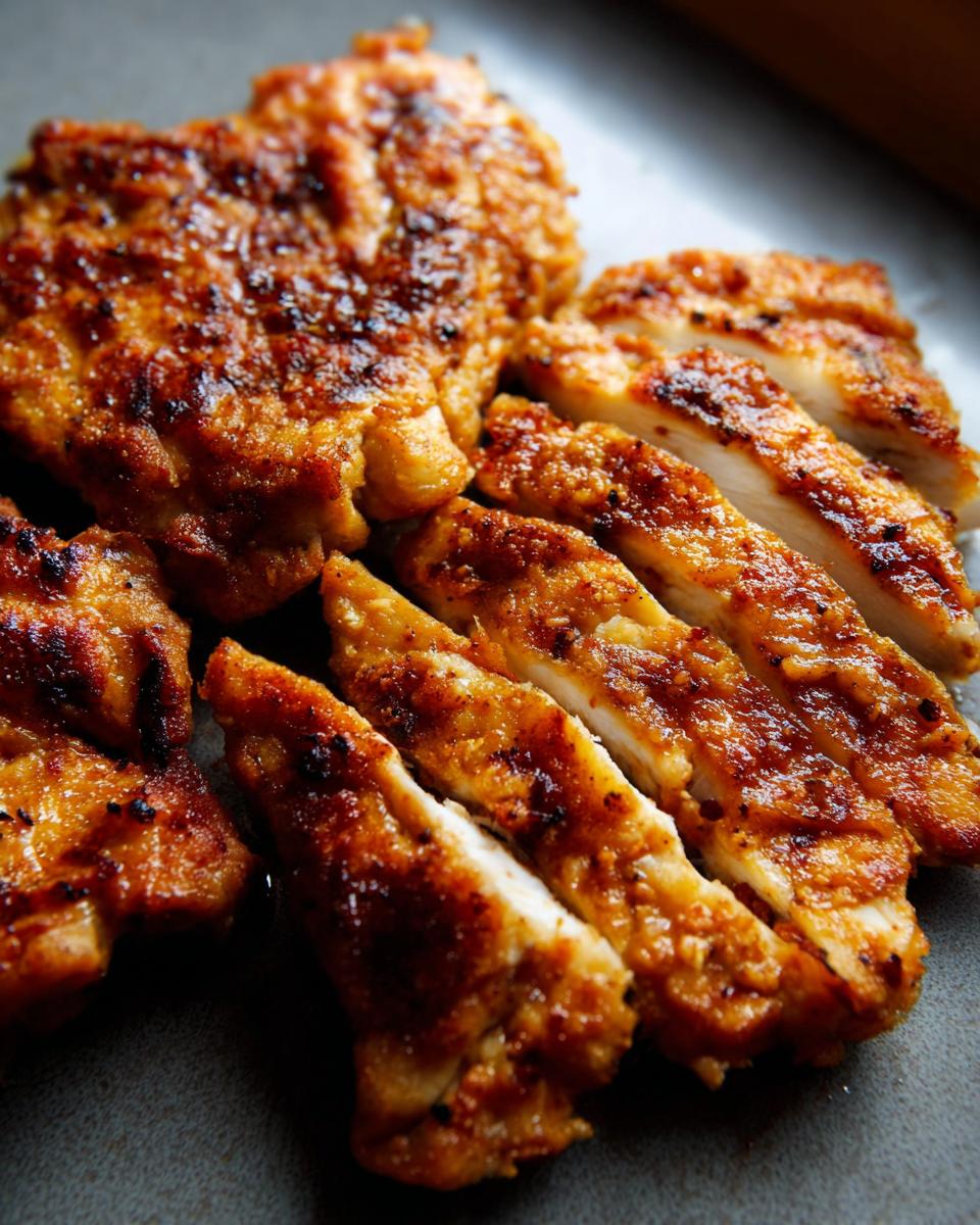 Close-up of perfectly cooked restaurant-style air fryer chicken, sliced and ready to serve.