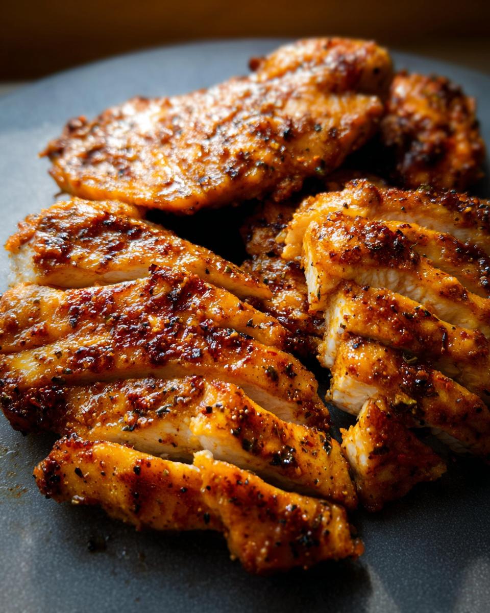 Close-up of perfectly cooked, sliced restaurant-style air fryer chicken with a flavorful spice rub.