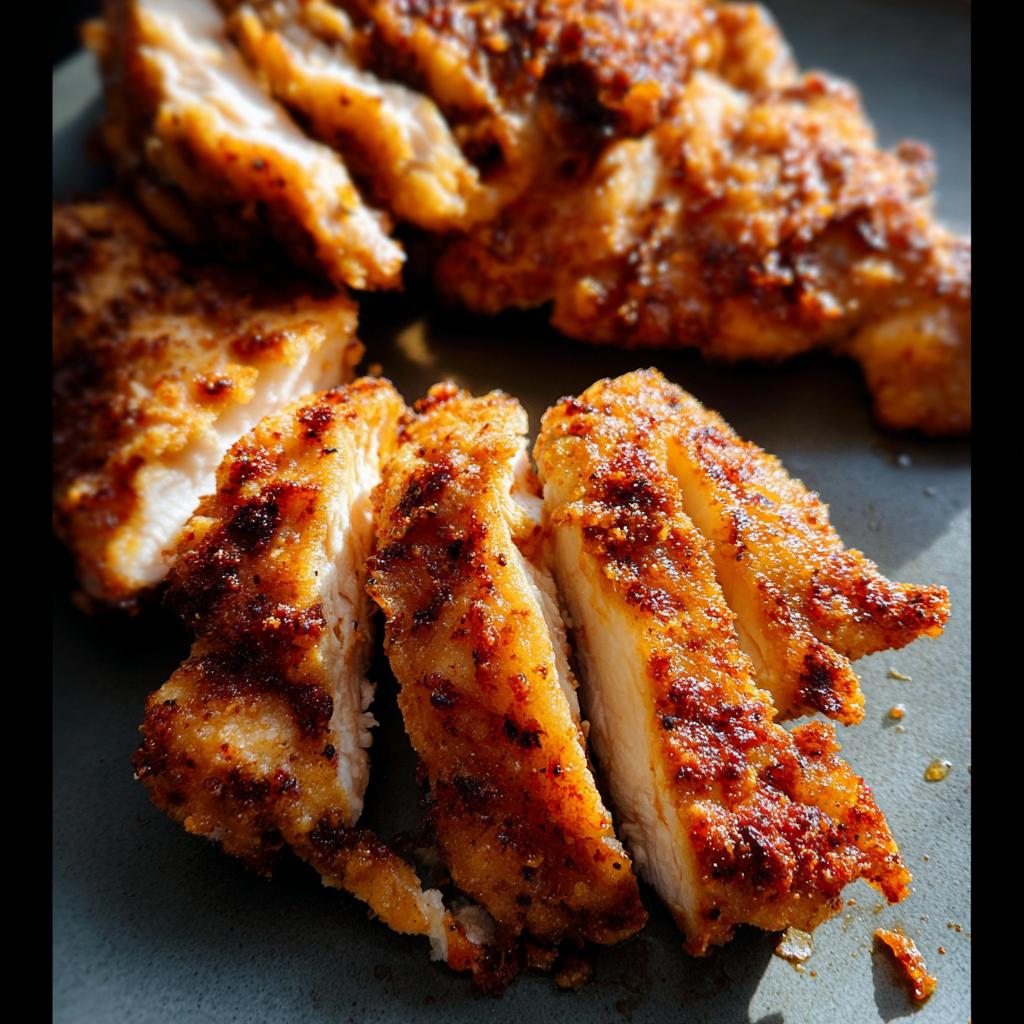 Close-up of sliced restaurant-style air fryer chicken, showing juicy white meat and a crispy, seasoned coating.