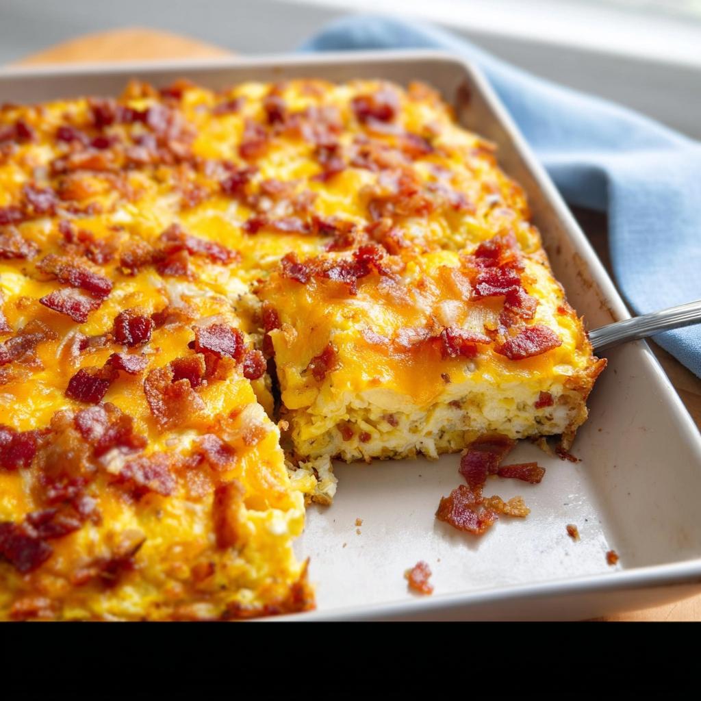 A slice of restaurant-style breakfast casserole with bacon and melted cheese, ready to be served.